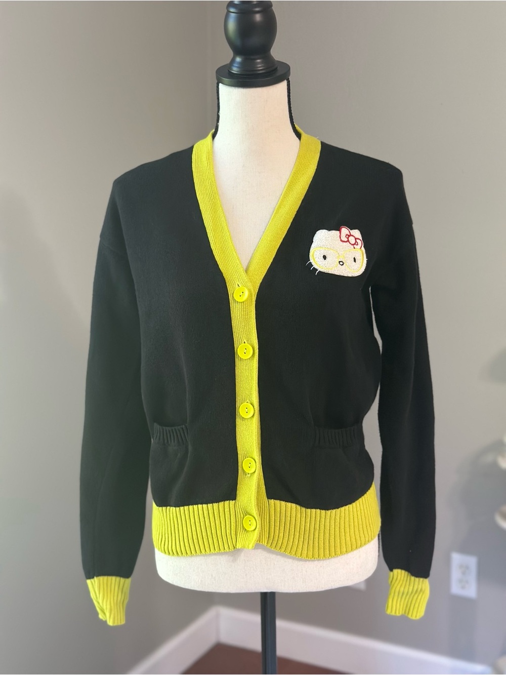 Hello Kitty Black Cardigan with Yellow Trim and Patch
